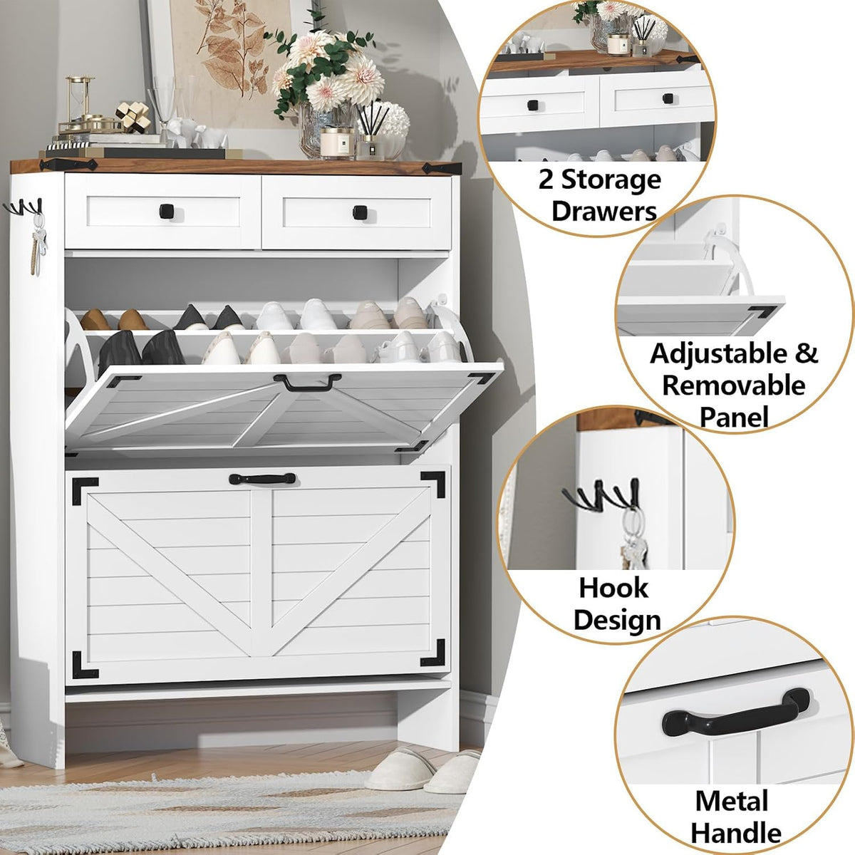 Shoe Cabinet with 2 Flip Drawers, Hidden Shoe Storage Cabinet with 2 Pull-Out Drawers, Farmhouse Shoe Organizer for Entryway, Narrow Shoe Rack for Front Door Entrance, White