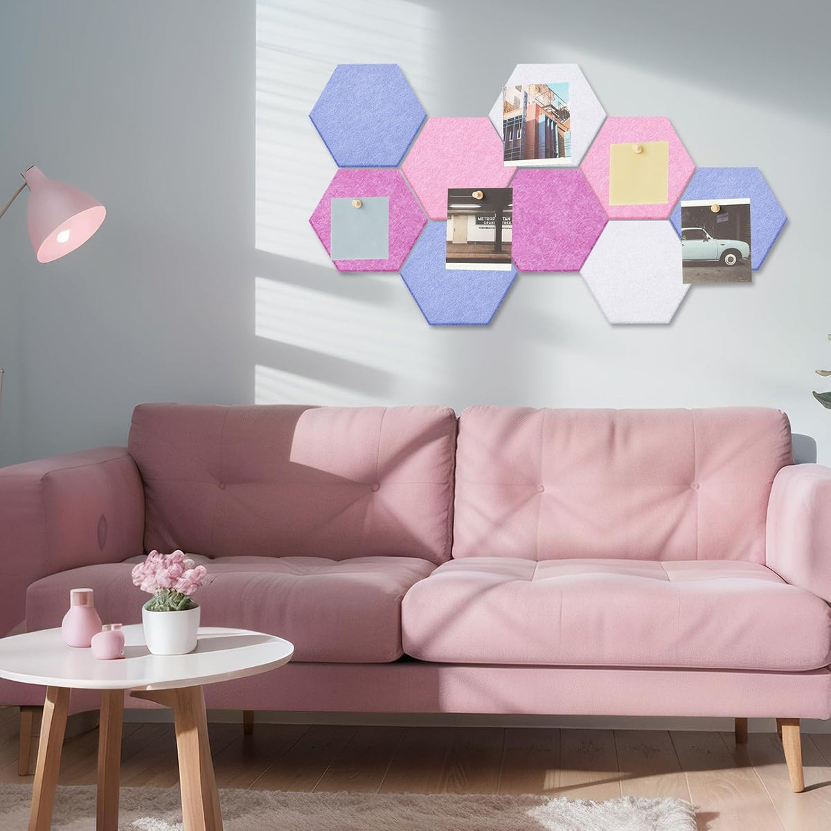 6.7 x 5.9 in 16 Pcs Hexagon Cork Board Tiles, Felt Pin Boards, Pink