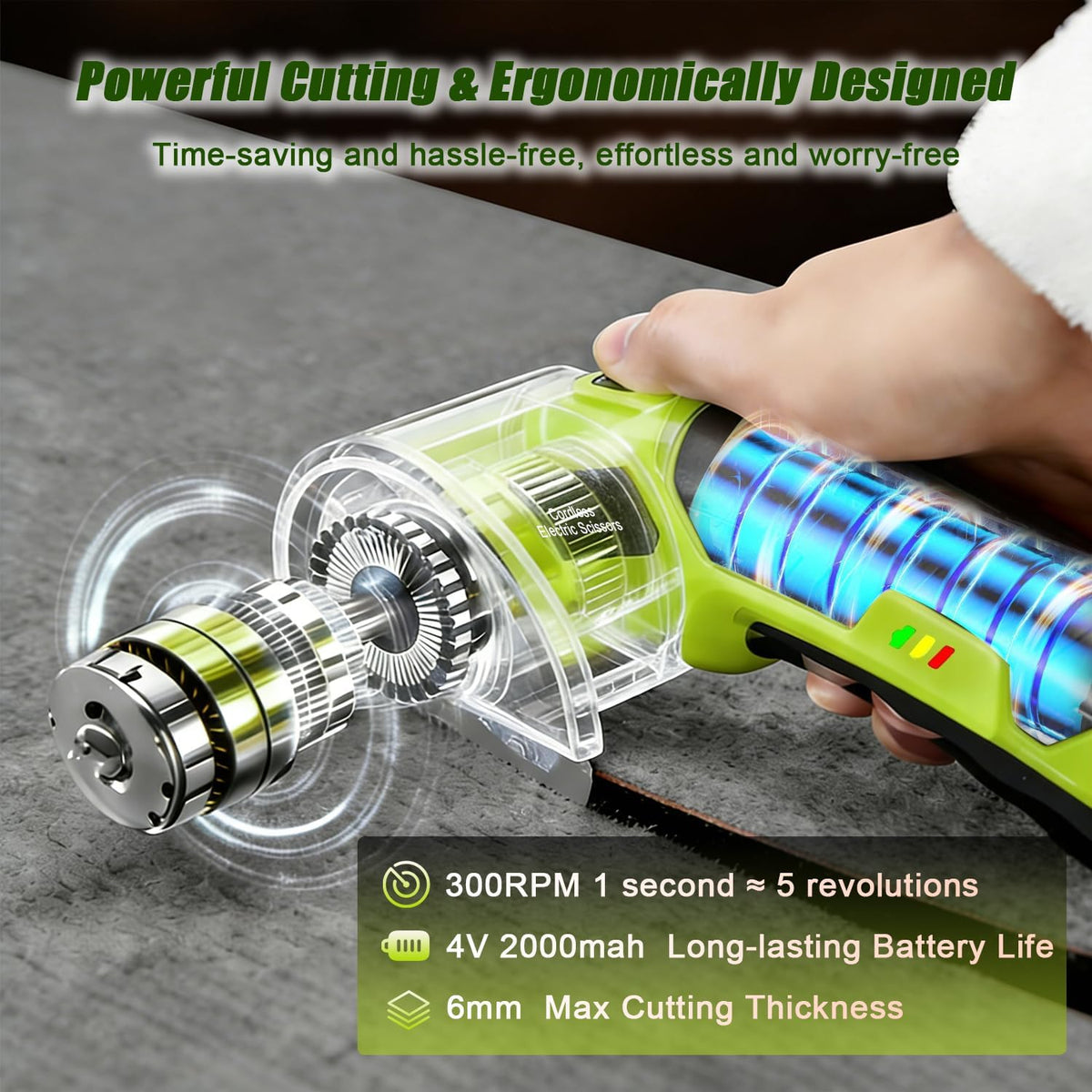 Cordless Electric Scissors, 4V Rechargeable Rotary Cardboard Cutter, 2 Blades, Safety Lock & LED Light, Multipurpose Cutter for Carton, Fabric, Carpet, Plastic, Leather