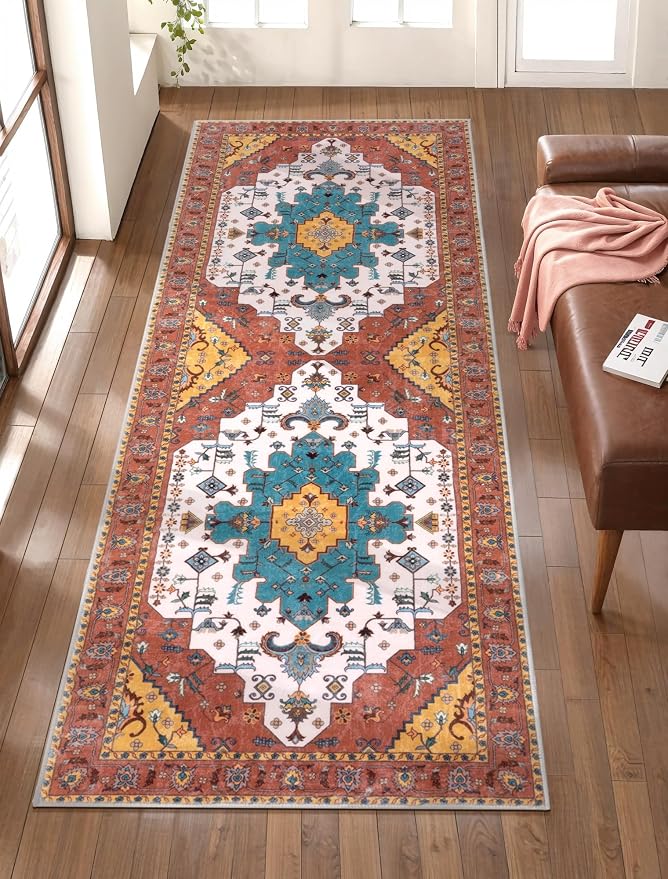 SERISSA Boho Washable Runner Rug, 2x5 Rug Non-Slip Vintage Orange Hallway