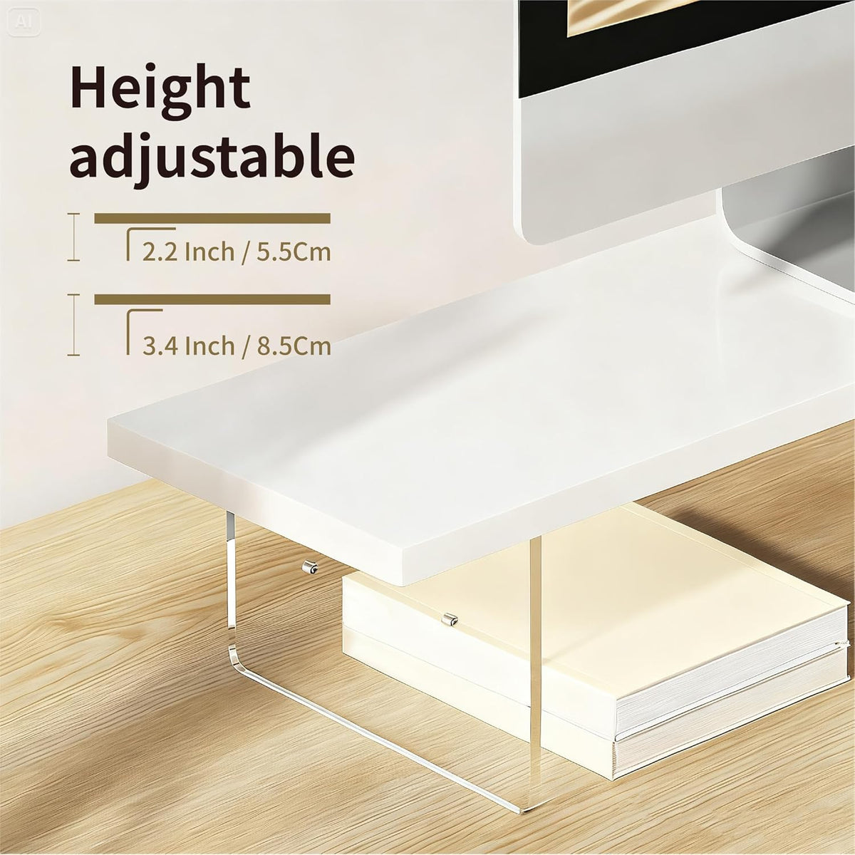 Wood Monitor Stand Riser with Acrylic Legs, Computer Screen Stand Desk Organizer, 31.5 x 7.9 x 3.1 inch, Hold up to 66 lbs (White, 31.5"×7.9"×3.1")