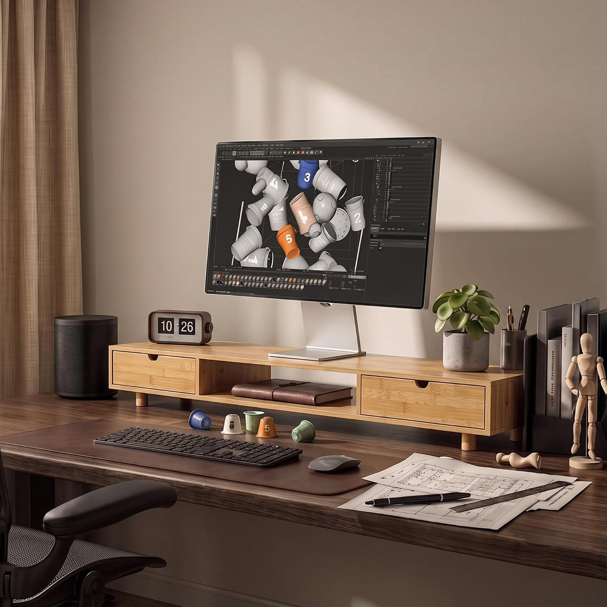 Bamboo Dual Monitor Stand, Natural Desk Shelf with 2 Drawers