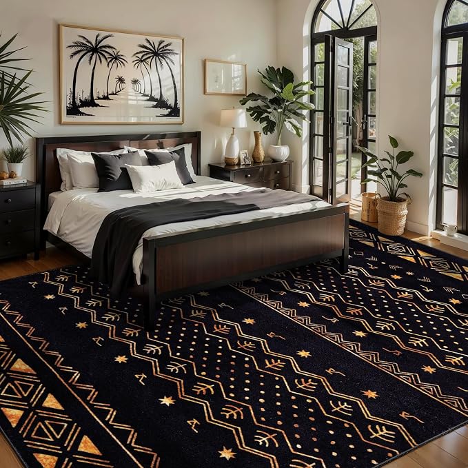 SERISSA 5x7 Area Rugs for Living Room, Washable Non-Slip Black and Gold Boho Rug