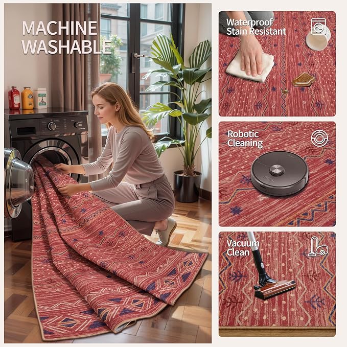SERISSA 9x12 Area Rugs for Living Room, Washable Non-Slip Red 0chre Boho Rug
