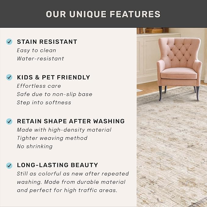 Farmhouse Bathroom Rug 2x3 Beige, Machine Washable Small Non Slip Indoor