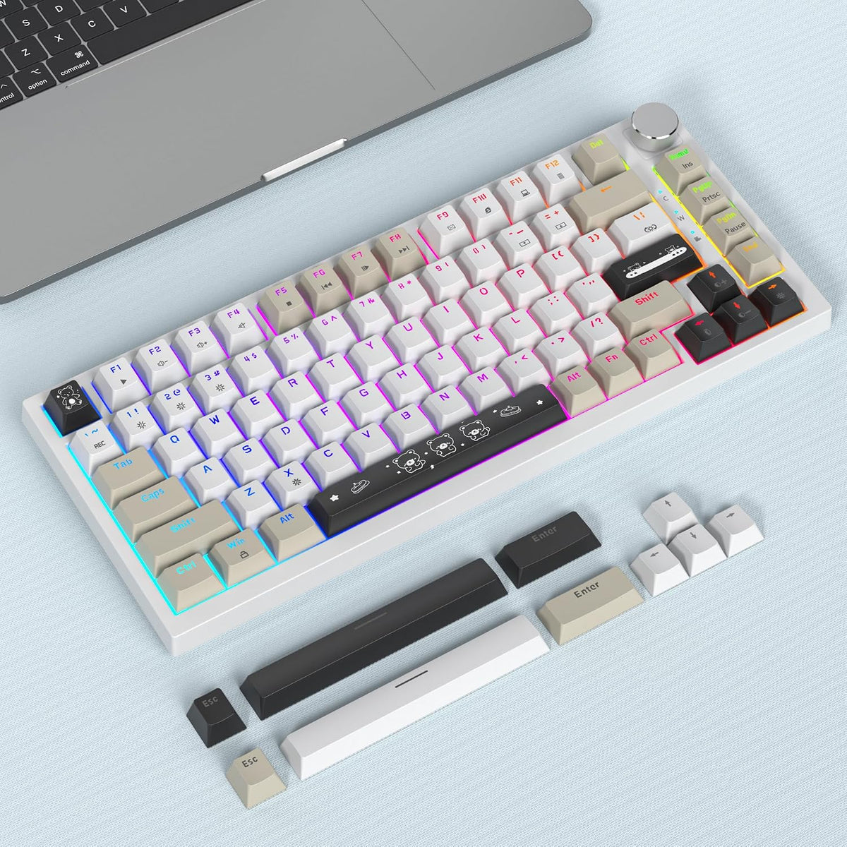 Owpkeenthy 75% Keyboard, 82 Key Gasket Mounted Mechanical Gaming, Wired RGB Backlit NKRO Compact Hot Swappable Keyboard with Volume Knob for PC Laptop (82 Gray White)