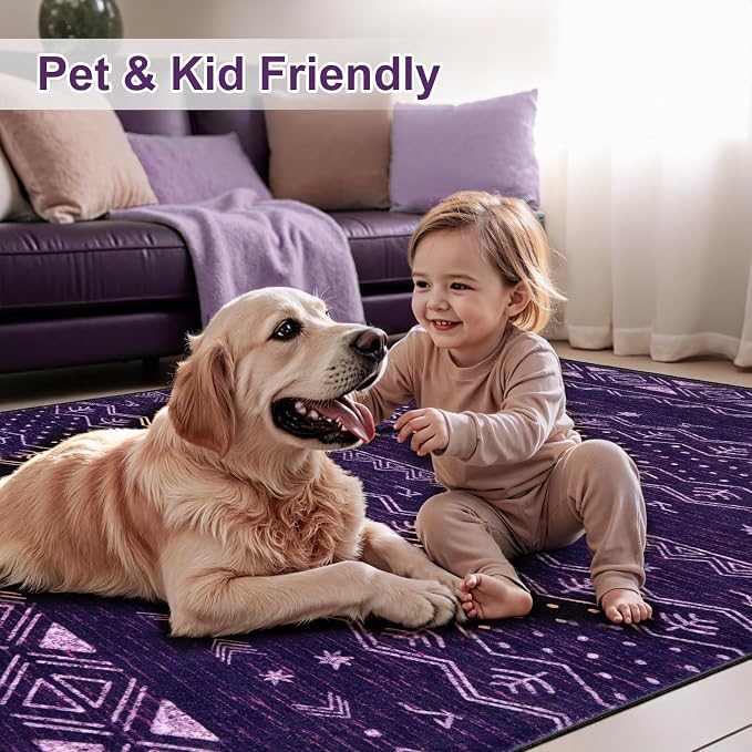 SERISSA 6x9 Area Rugs for Living Room, Washable Non-Slip Purple and White Boho