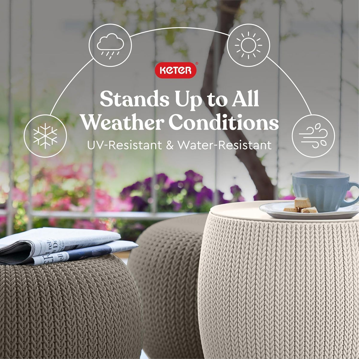 KETER Urban Knit Pouf Ottoman Set of 2 with Storage Table for Patio and Room Décor-Perfect for Balcony, Deck, and Outdoor Seating, Cream & Taupe