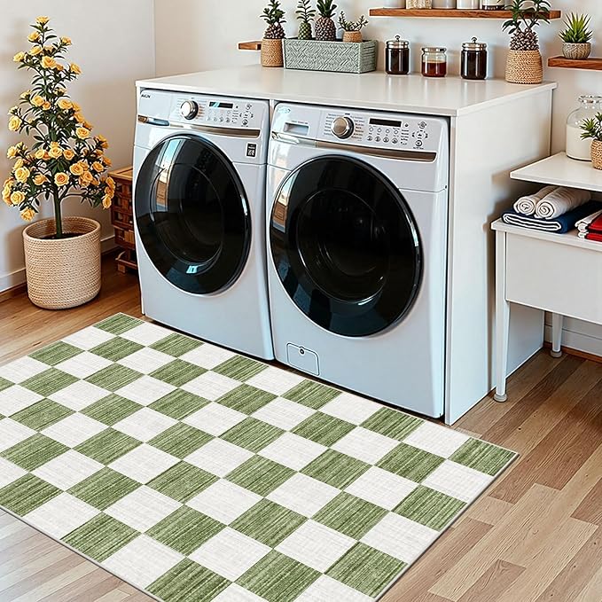 Green White Checkered Entry Rug