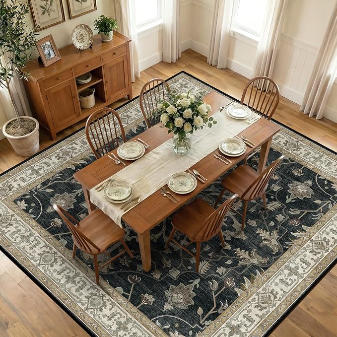 RELEANY Area Rugs Square 10ft Washable Non-Slip, Floral Vintage Distress