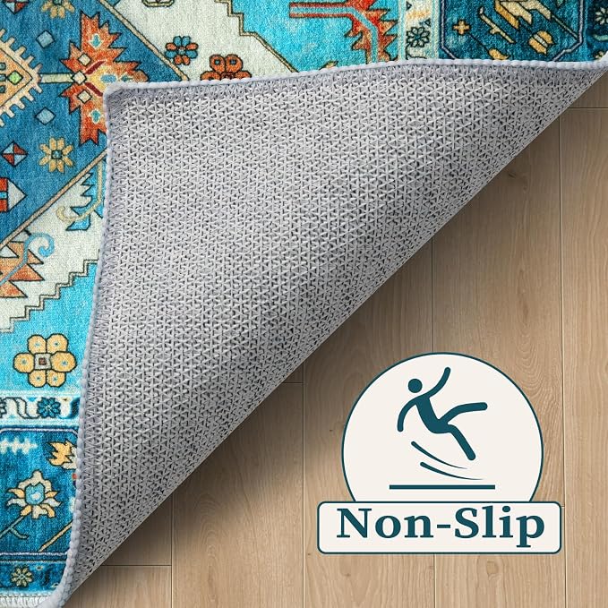 SERISSA 4x6 Boho Bedroom Rug, Washable Non Slip Vintage Blue Area Rugs