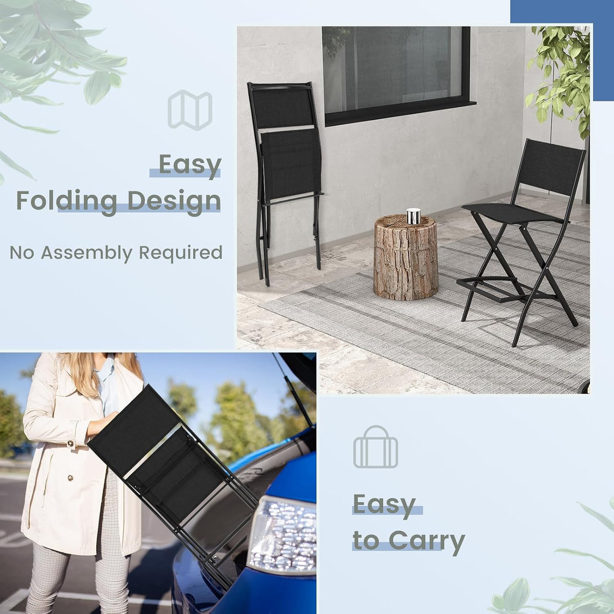 Tangkula Outdoor Barstools Set of 4, Counter Height Folding Bar Chairs with Back and Footrest, Versatile Patio Dining Chairs with Breathable Fabric & Heavy-Duty Metal Frame