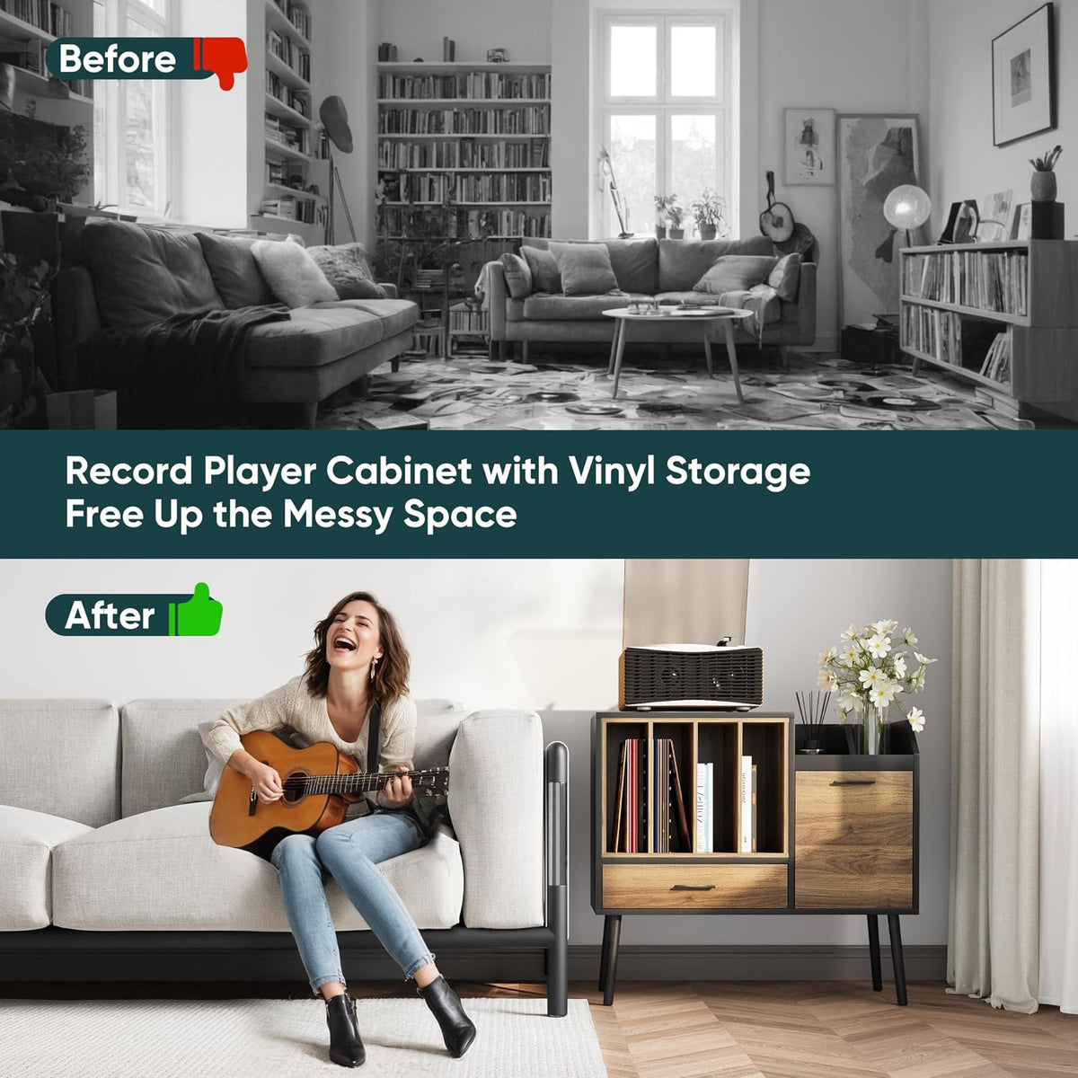 Semiocthome Record Player Stand with Nesting Vinyl Storage Crate, Record Player Table with a Drawer, a Cabinet, CDs Storage Area, Side End Table with Solid Wood Legs for Turntables for Living Room