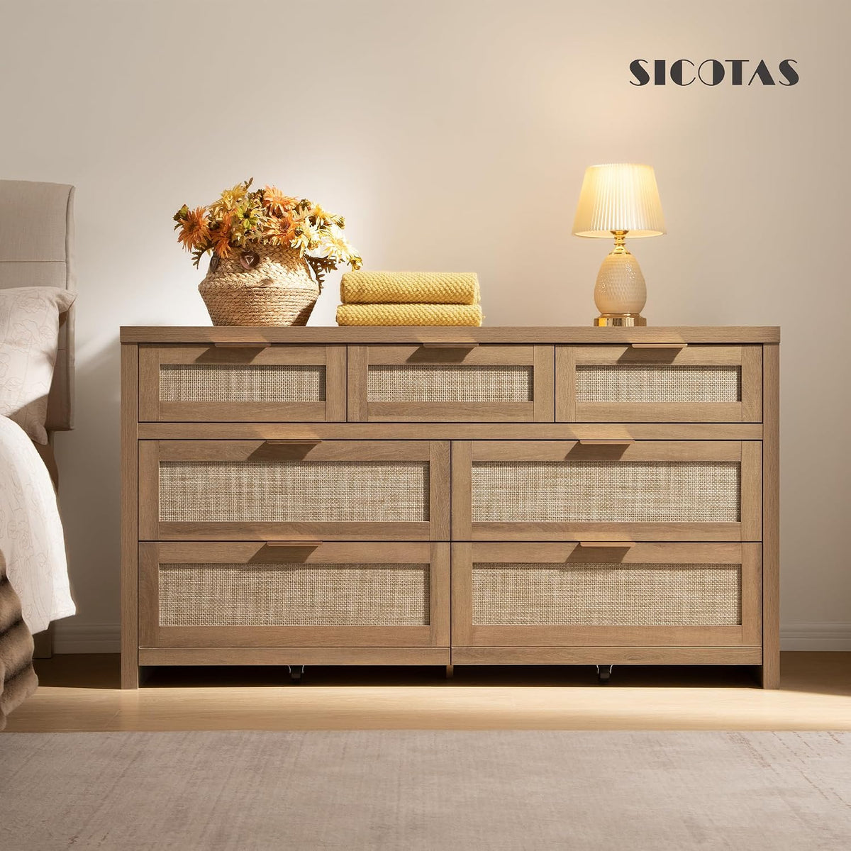 SICOTAS 7 Drawer Rattan Dresser for Bedroom, 57" Wide Dresser