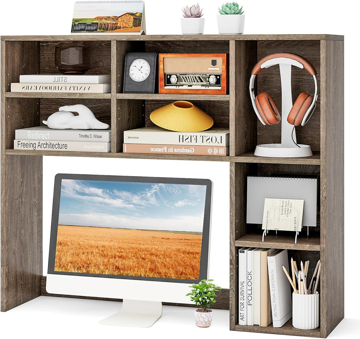 MAT EXPERT Wooden Desktop Bookshelf, Countertop Desk Hutch w/ 7 Cubes & Adjustable Shelves, Anti-toppling Kits, Table Top Organizer Shelf Fits Monitors up to 27” for Dorm, Office, Study (Grey Oak)