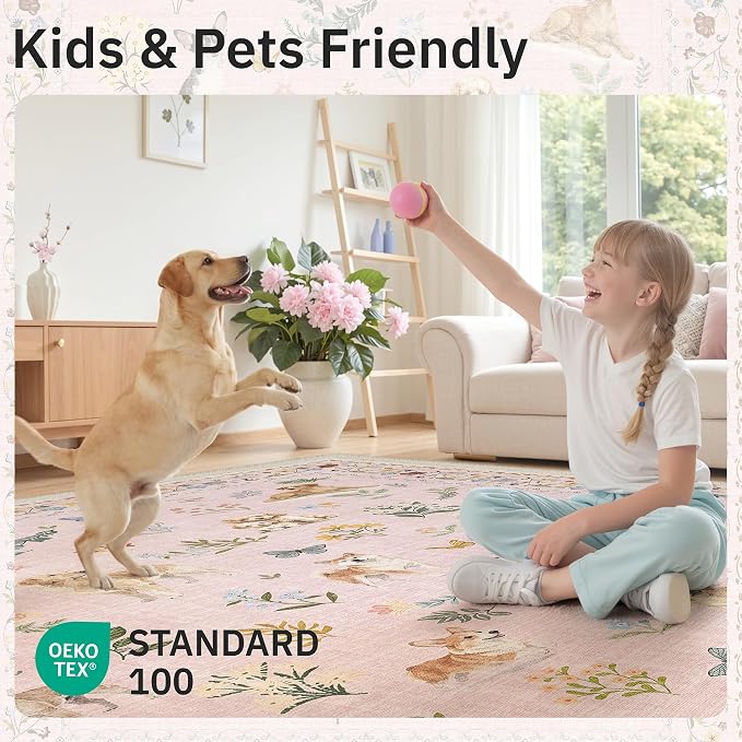 Soalmost Dog 6x9 Area Rugs for Living Room, Machine Washable Animal Floral