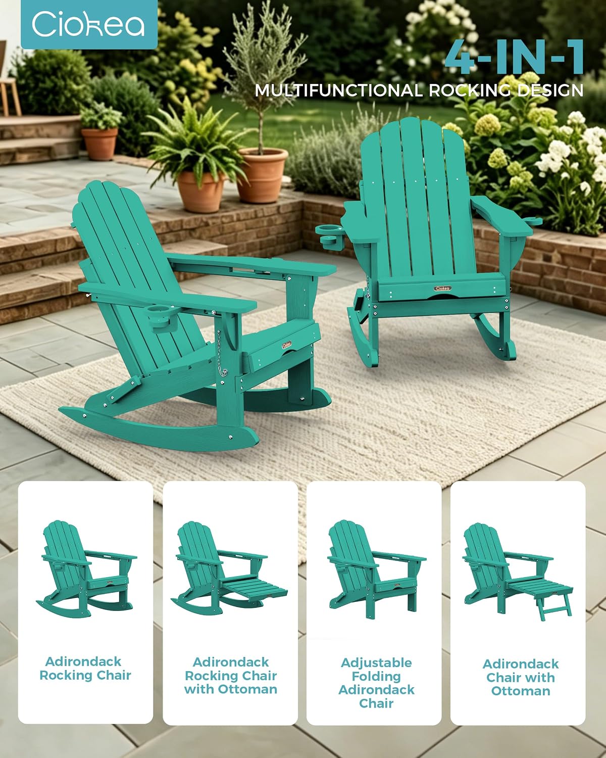 Ciokea Adirondack Rocking Chair with Footrest (Lake Blue)