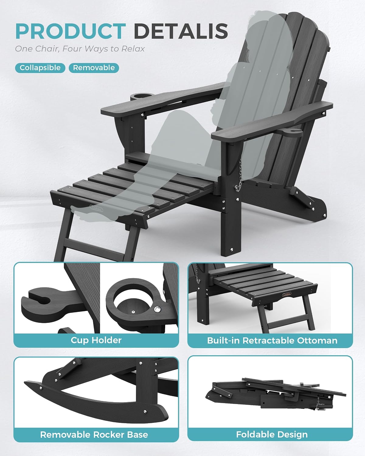 Ciokea Rocking Adirondack Chairs Set of 2 with Footrest (Dark Grey)