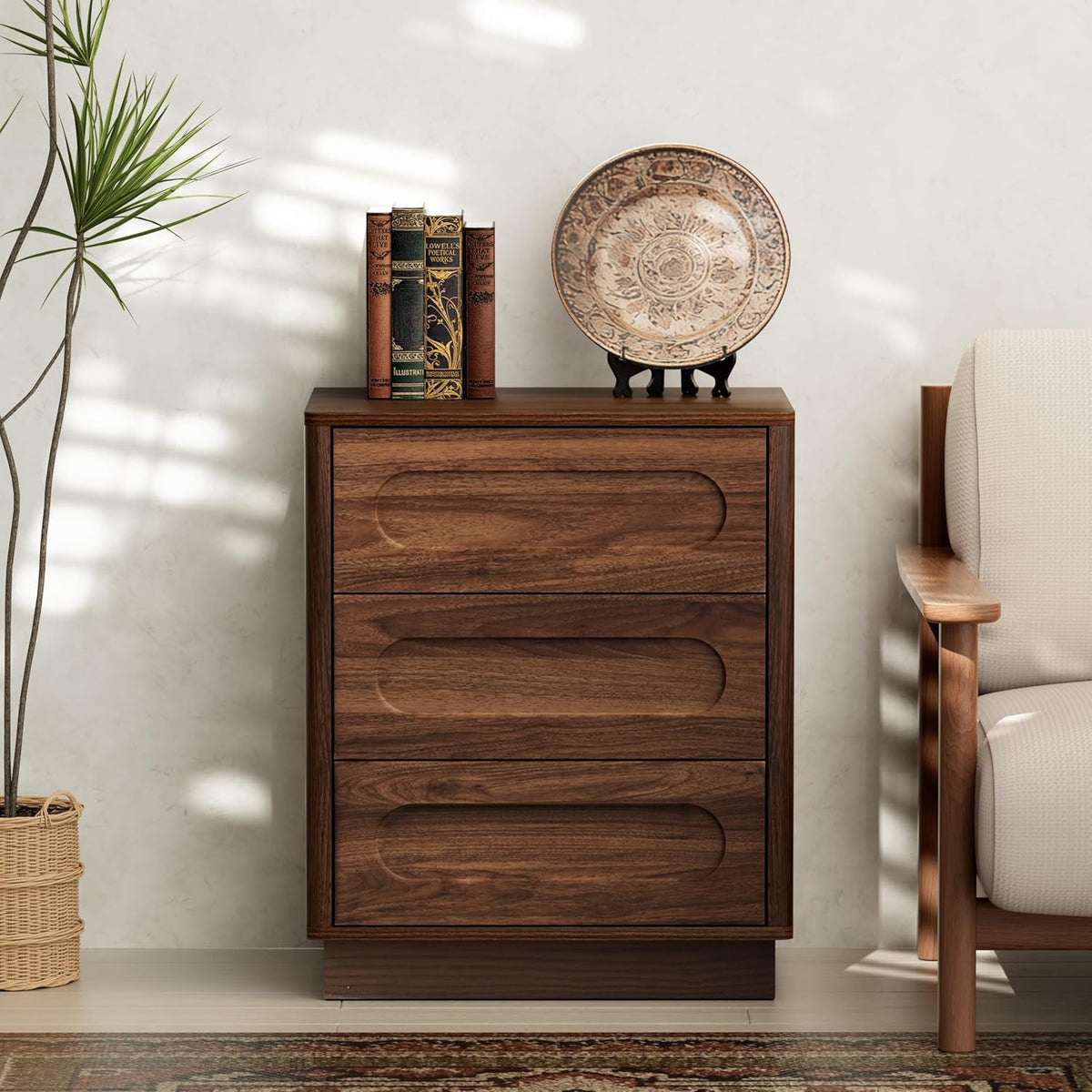 Aoikax Modern 3 Drawer Nightstand X 2P with Push-to-Open Drawers, Mid-Century Bedside Table with Raised Base for Bedroom, Oval Groove Panel Front, Dark Walnut Color