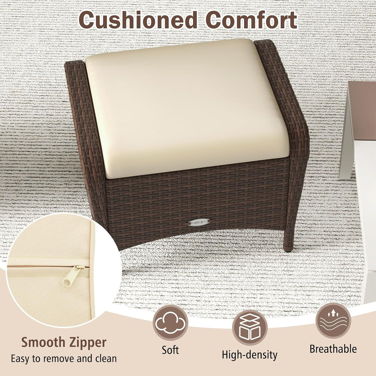 HAPPYGRILL 2-Piece Patio Wicker Ottomans with Removable Cushions, Outdoor Rattan Footrest Side Table for Porch, Garden and Backyard (Beige)