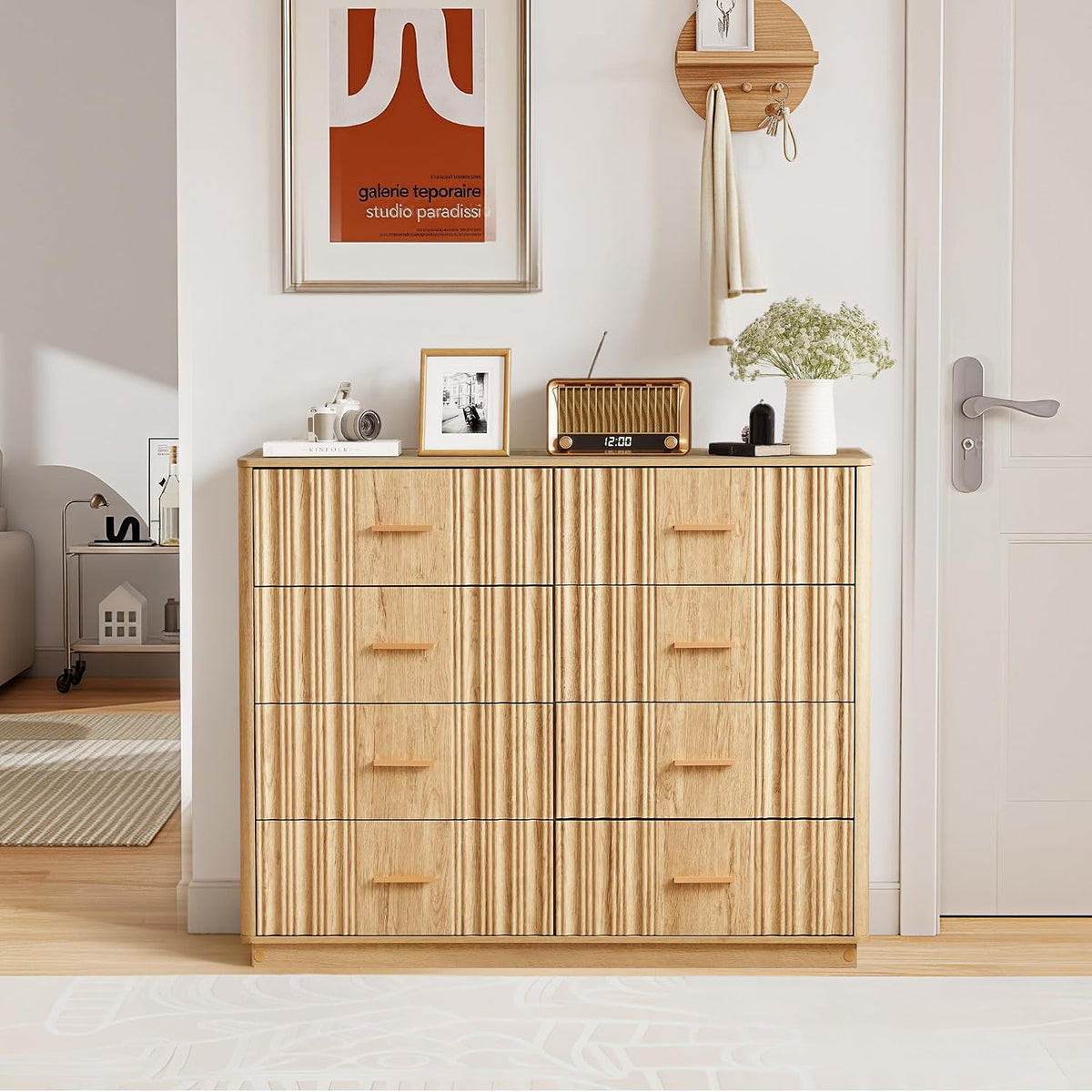 Fluted Dresser for Bedroom with 8 Drawers, 47" Wide Mid Century Modern Chest of Drawers, Wooden Dresser TV Stand, Wood Closet Clothes Storage Organizer for Living Room Hallway, Natural