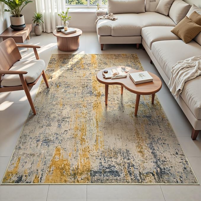 Area Rug 4x6 Beige Rug Washable Boho Rugs Non Slip Low Pile Abstract Small