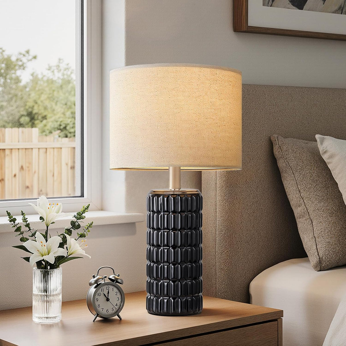 Seealle 23" Modern Ceramic Table Lamps Set of 2, Lamps for Bedroom, Black