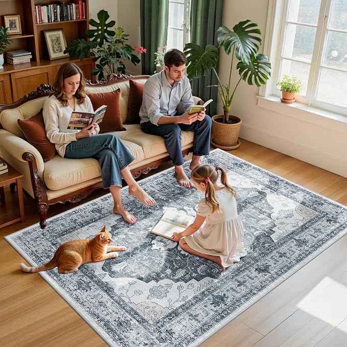 RELEANY Area Rugs 5'x7' Washable Non-Slip, Floral Vintage Distress Medallion