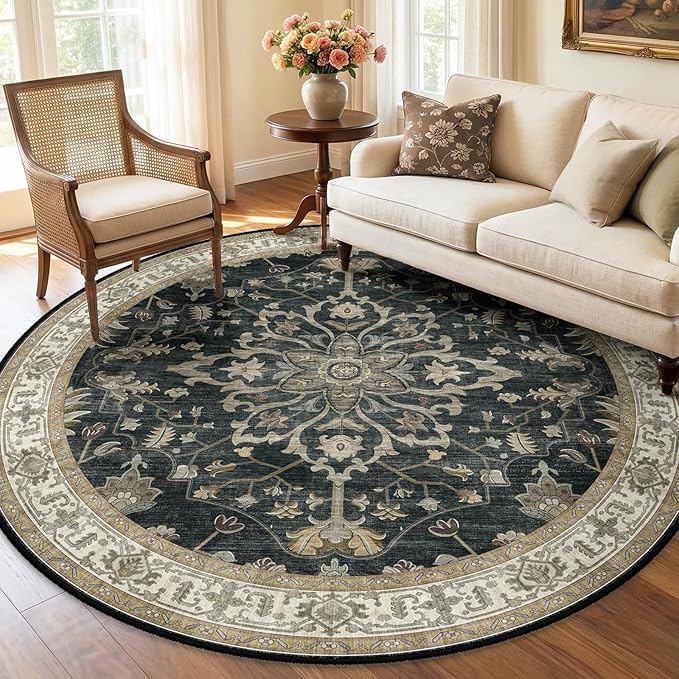 RELEANY Area Rugs Round 6ft Washable Non-Slip, Floral Vintage Distress