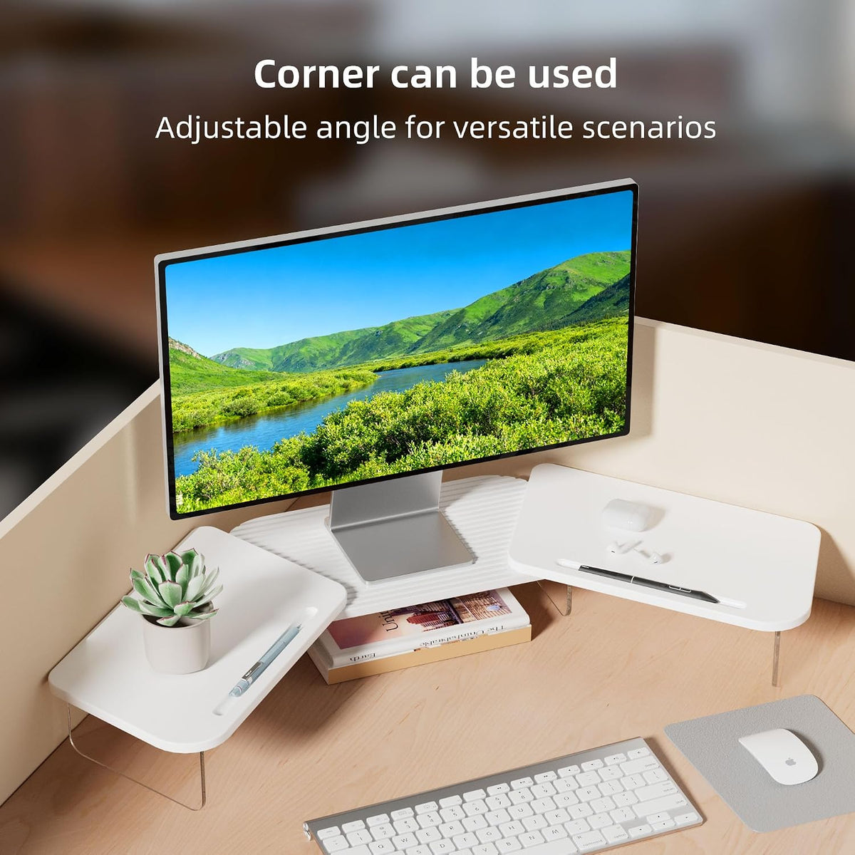 AFOOYO LED Dual Monitor Stand Riser for 2 Monitors,Office Desktop Wooden Stand Adjustable Length and Angle 3 Shelf (White)