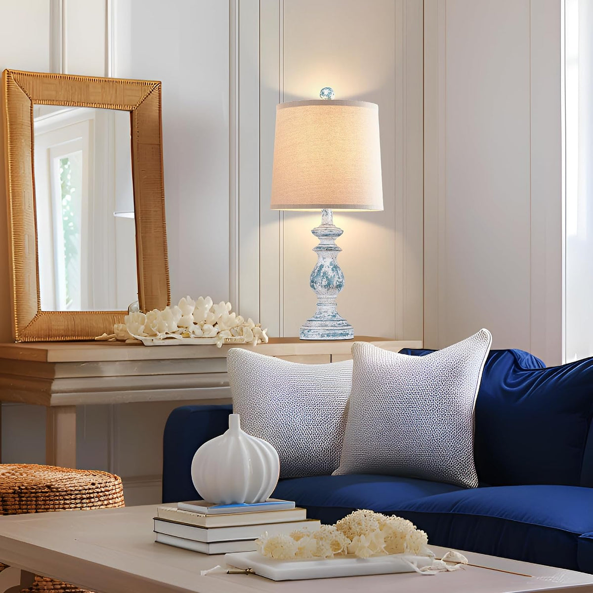 PARTPHONER Traditional Table Lamp Set of 2, Rustic Farmhouse Table Lamps for Living Room Bedroom, 22" Bedside Desk Lamps Vintage Nightstand Lamps with Linen Shades, Washed Blue
