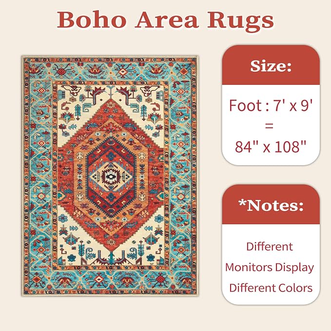SERISSA 7x9 Area Rugs for Living Room, Large Washable Non-Slip Boho Rug