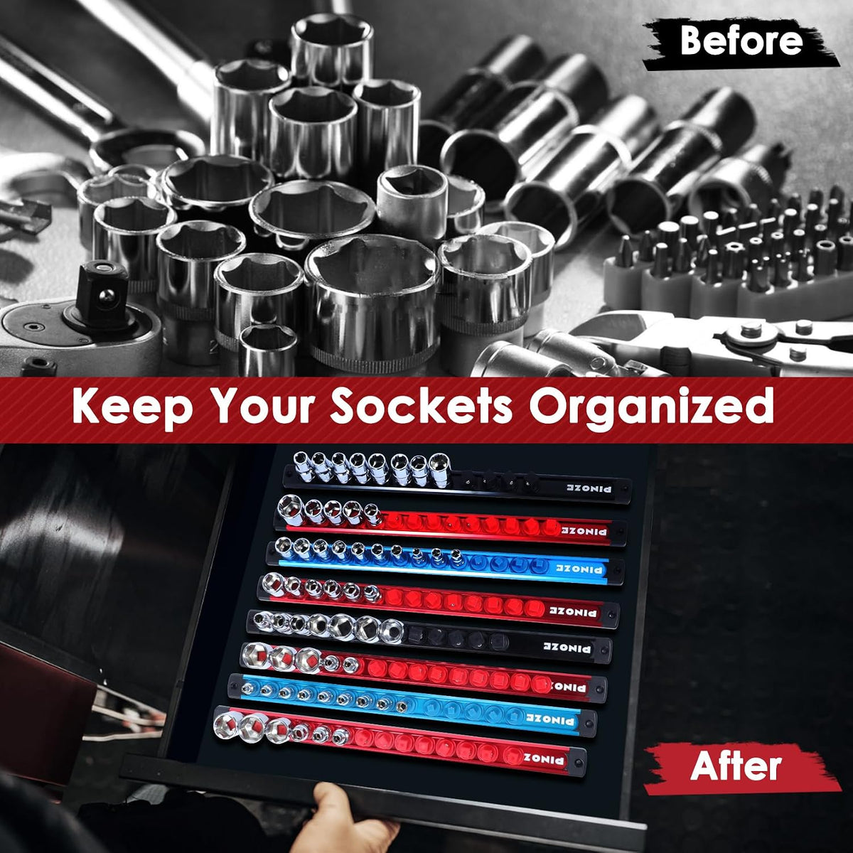 PINOZE 8PCS Magnetic Socket Holder Organizer Set - 1/4, 3/8, 1/2 - Aluminum Alloy Socket Rail Trays for Tool Box Drawer, Socket Rack Kit with 114Pcs Clips for Automotive Garage(Blue Red Black)