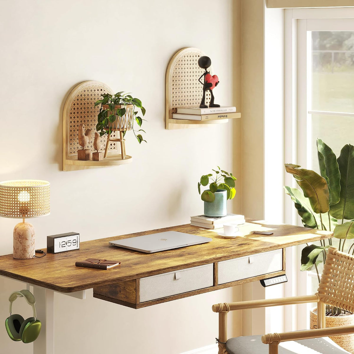 Rattan Shelf Set of 2, 7''Natural Rattan Shelf with Wicker Decor, Boho Wall Decor Small Floating Shelf for Plant Figurines Display, Mini Shelves for Knick Knack Storage
