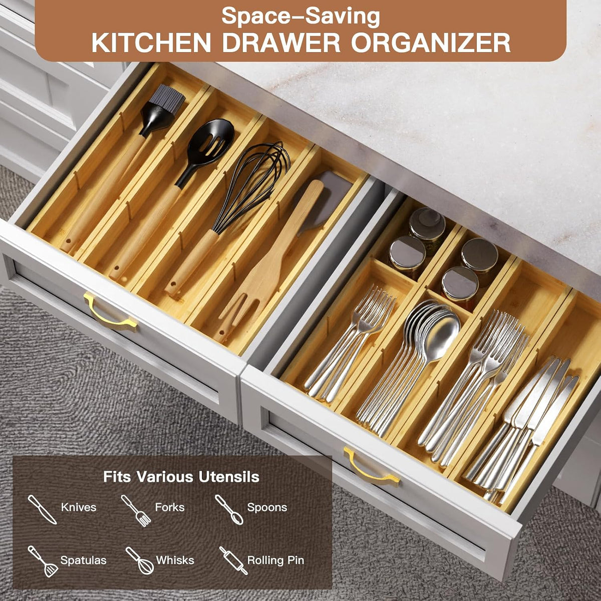 DUJEN 4 Packs Bamboo Drawer Organizer 2 pieces 12.6 * 6inches and 2 pieces 12.6 * 3.2inches, Adjustable 3 Individual Junk Drawer organizer for Bathroom and Kitchen