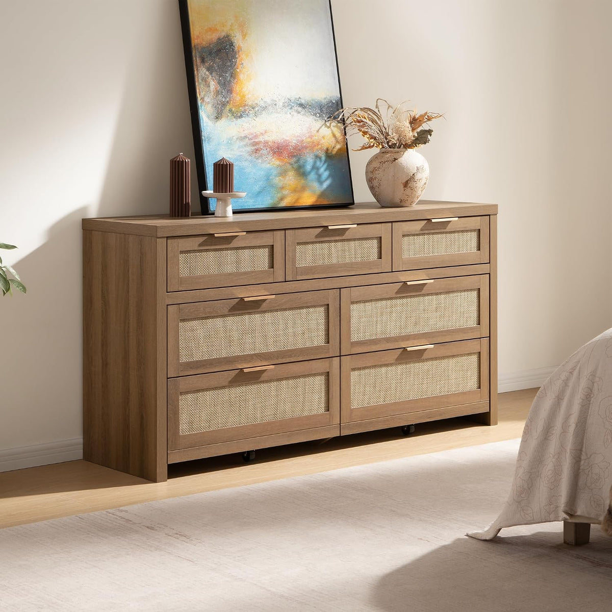 SICOTAS 7 Drawer Rattan Dresser for Bedroom, 57" Wide Dresser