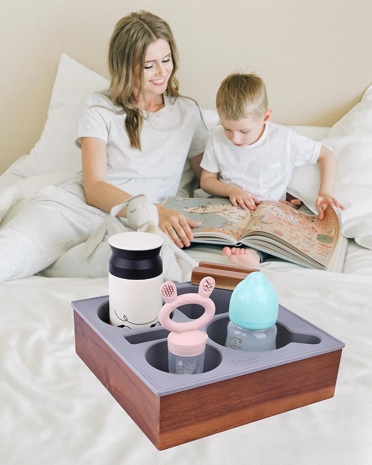 Couch Cup Holder Tray, Soft Food Grade Silicone Acacia Wooden Couch Caddy for Bed Car Seat Beach Organizer, Waterproof Anti-Spill Couch Drink Holder for Snacks Beverage Remote (Black)