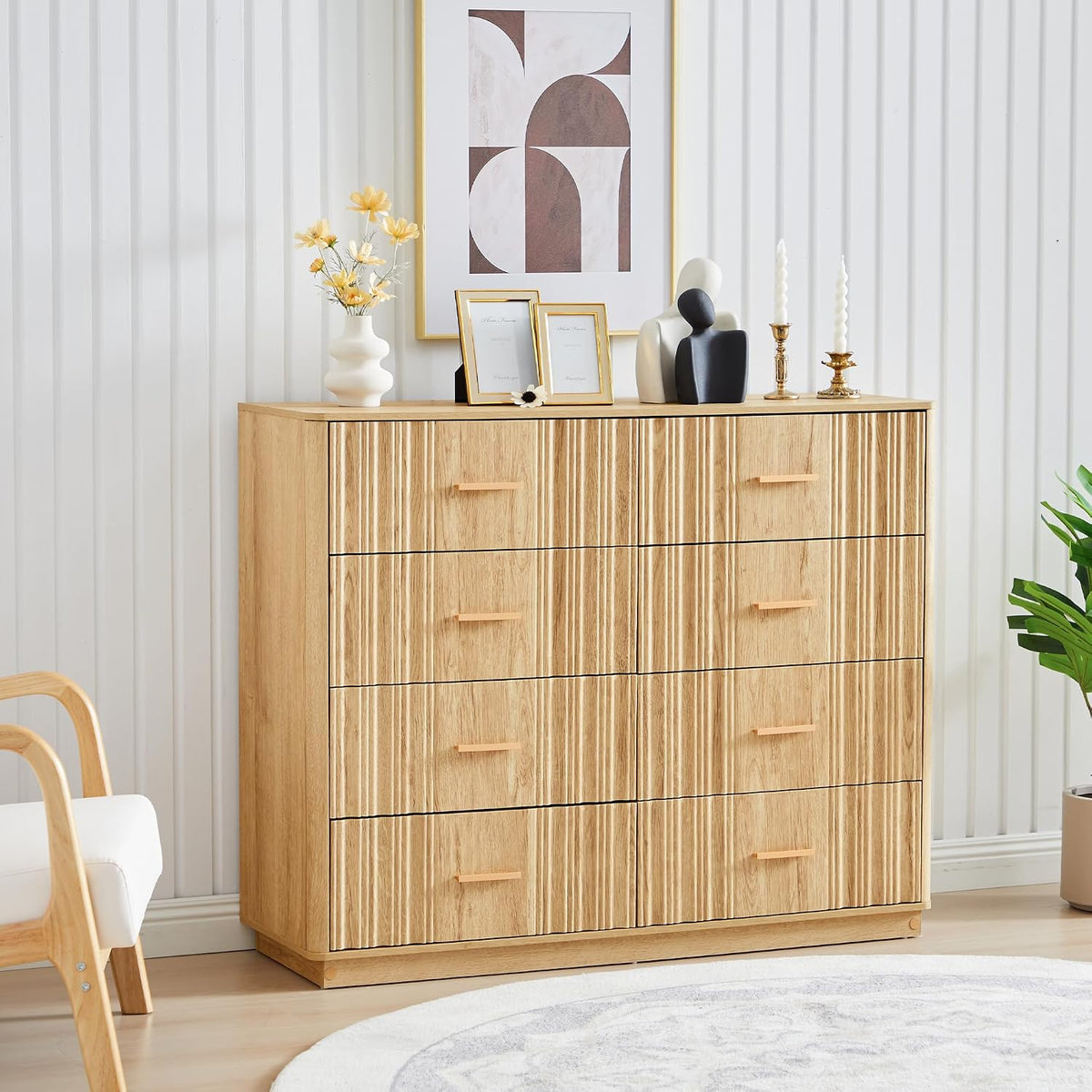 Fluted Dresser for Bedroom with 8 Drawers, 47" Wide Mid Century Modern Chest of Drawers, Wooden Dresser TV Stand, Wood Closet Clothes Storage Organizer for Living Room Hallway, Natural