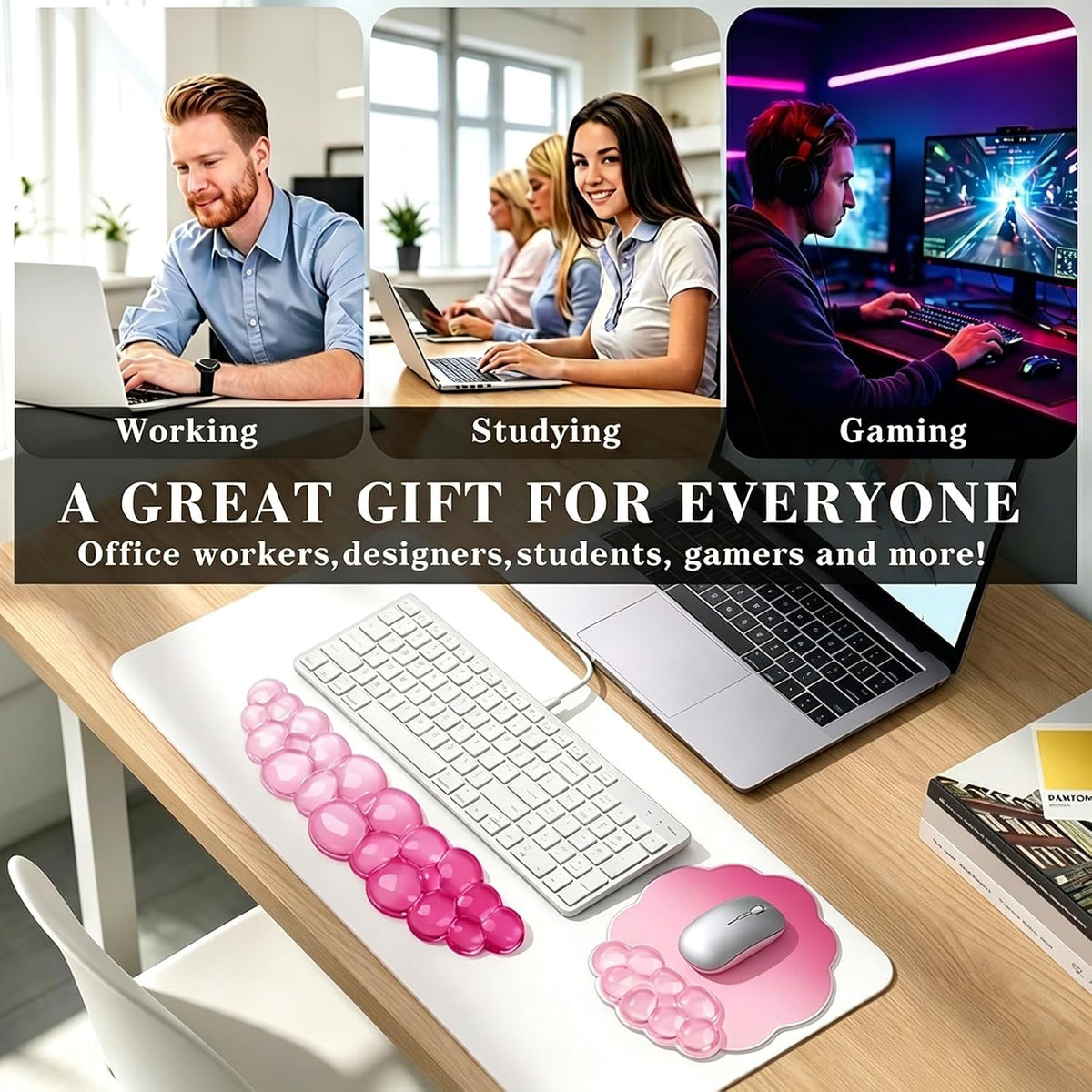 Gel Wrist Rest and Cloud Mouse Pad, for Keyboards and Mice - Ergonomic Pink Keyboard Wrist Rest Set, Relieves Pain from Typing/Computer/Laptop/Gaming/Home/Office Pink