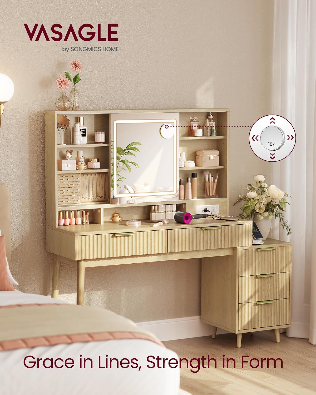 VASAGLE Fluted Vanity Desk with Sliding Mirror and Lights, 5 Drawers