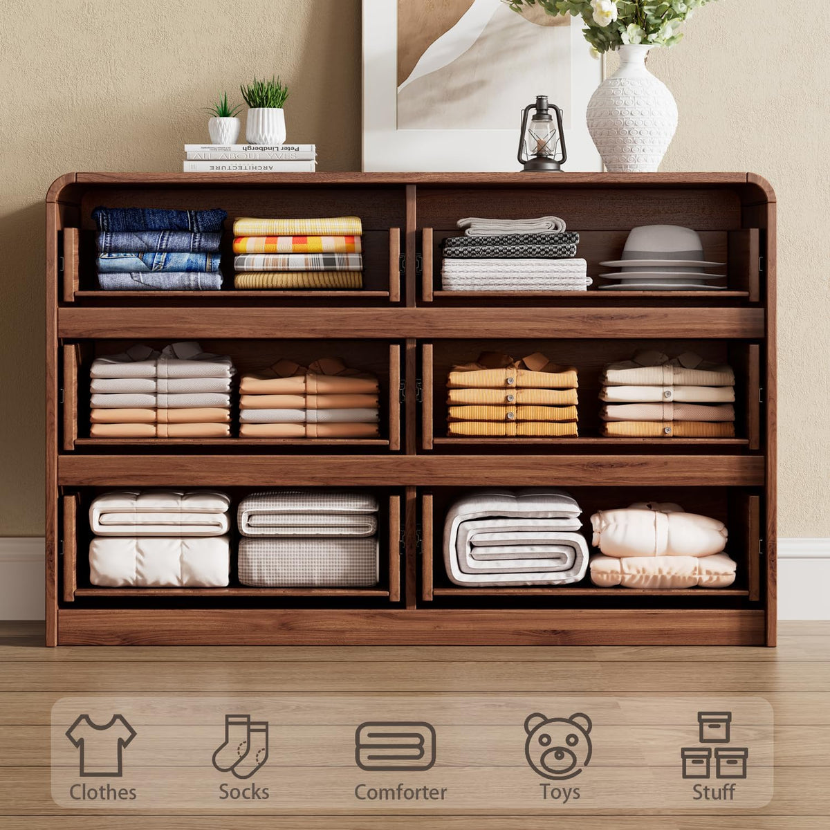 Ieejdn 47.2" Dresser with 6 Drawer, Wide Dresser with Recessed Glass Display & Silent Metal Rails, Handleless Chest of Drawers for Clothes, and Bedding, Russet