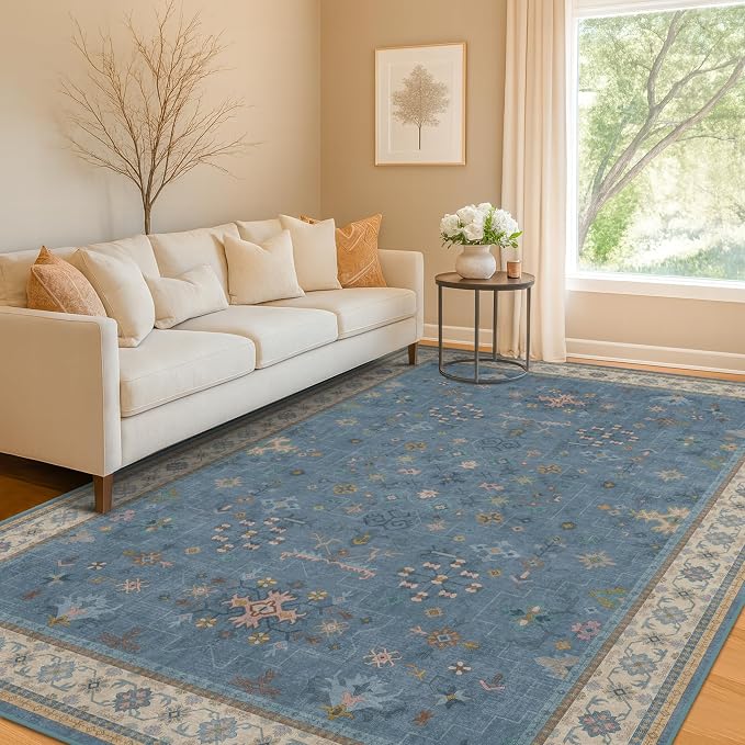 Washable 5x7 Blue Rugs for Kids Room, Boho 5 x 7 Nursery Rug Boys, Colorful