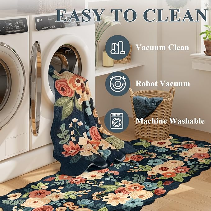 DUKINO 2.6x12 Runner Rug for Hallway, Non Slip Floral Washable Kitchen Rug