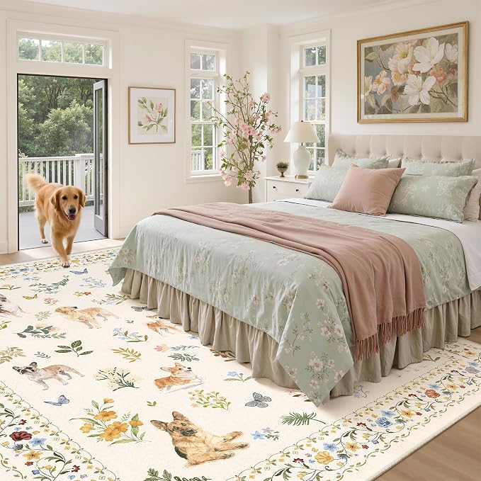 Soalmost Dog 8x10 Area Rugs for Living Room, Machine Washable Animal Floral