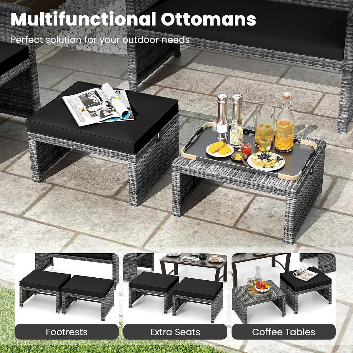 Tangkula 2 Pieces Patio PE Rattan Ottomans, Multipurpose Outdoor Footstool Footrest Additional Seating Side Table with Soft Zippered Cushions for Deck, Garden, and Yard (Black)