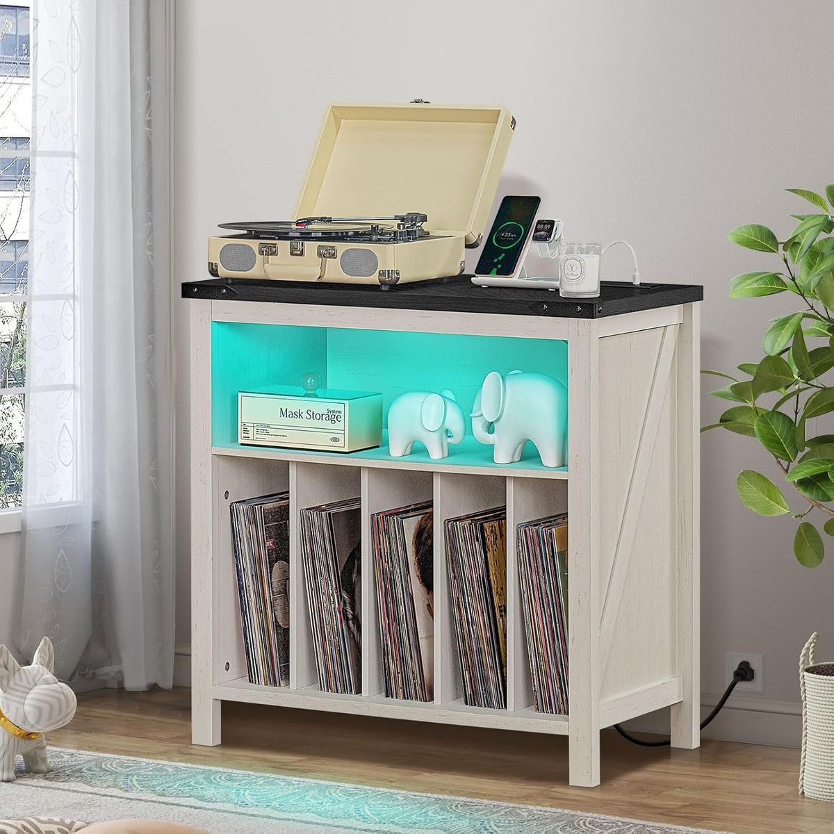 Joaxswe Large Record Player Stand with Charging Station & LED Lights, Vinyl Records Storage Holder Cabinet Holds up to 230 Albums, Turntable Stand for Music Room, Bedroom, Living Room, Office (White)