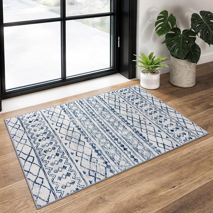 KUTA Moroccan Area Rugs, 2x3 Blue White Entryway Rug Non-Slip Washable Small
