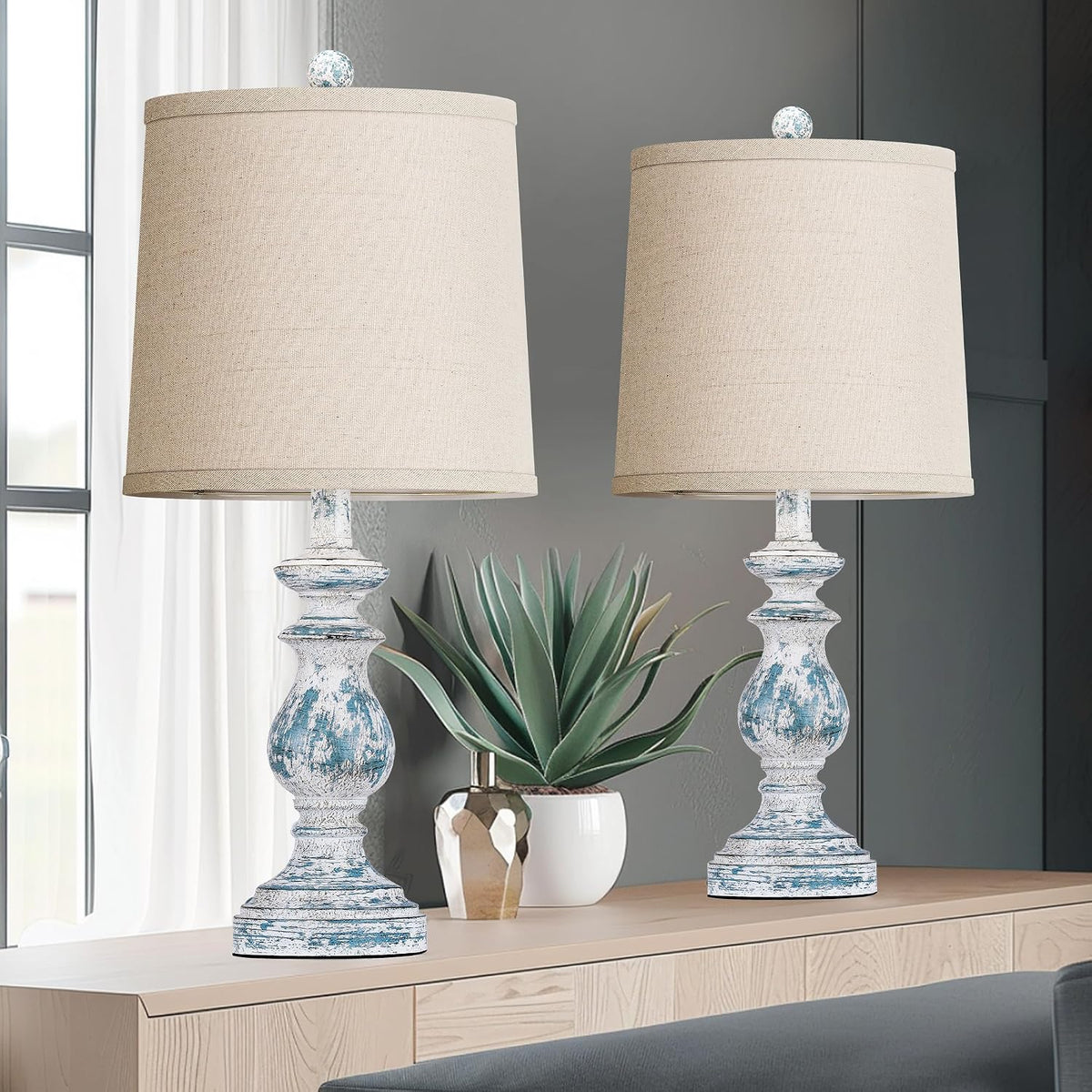 PARTPHONER Traditional Table Lamp Set of 2, Rustic Farmhouse Table Lamps for Living Room Bedroom, 22" Bedside Desk Lamps Vintage Nightstand Lamps with Linen Shades, Washed Blue