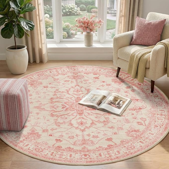 RELEANY Area Rugs Round 4ft Washable Non-Slip, Floral Vintage Distress
