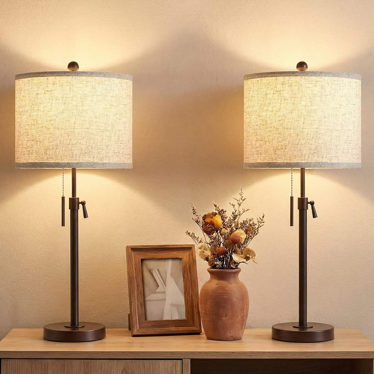 Qingmiao Table Lamps Set of 2, 22" to 30" Adjustable Nightstand Lamps for Bedroom, Dimmable End Table Lamps for Living Room Console Entry Farmhouse Home Decor, New House Warming Gifts